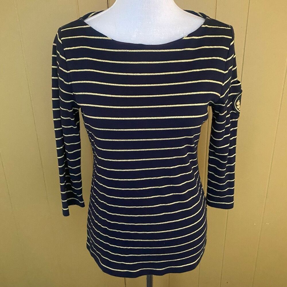 Ralph Lauren women M preppy classiccore boatneck 3/4 sleeve shimmer stripe top